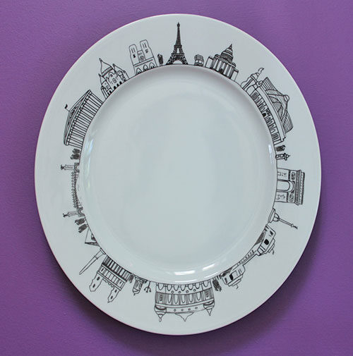plat paris de la collection carnet de voyages création exclusive pour assiettes et compagnie, dessin par béatrice pene, fabrication française