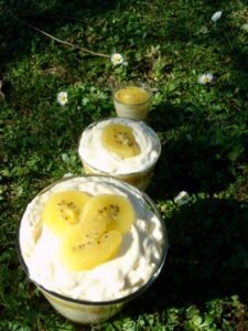 tiramisu au kiwi jaune sur assiettes et cie