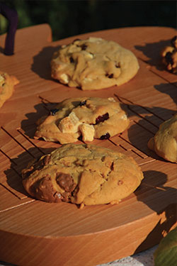 petits biscuits aux pépites de chocolat blanc et au lait par assiettes et gourmandises présentés sur la planche à découper big apple NYC