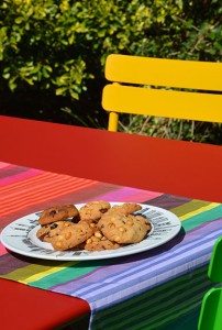 les cookies à la pate de noisettes et pépites de chocolat sur assiettes et gourmandises, une recette succulente