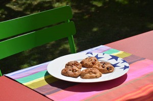 les cookies à la pate de noisettes et pépites de chocolat sur assiettes et gourmandises, une recette succulente