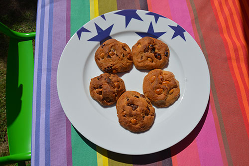 les cookies à la pate de noisettes et pépites de chocolat sur assiettes et gourmandises, une recette succulente