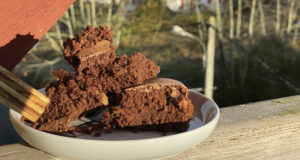 cette recette de gateau au chocolat et marrons est délicieux, on l'appelle la triche dans la famille car il est tellement simple à réaliser : présentation sur une assiette dessert la plage par assiettes et cie