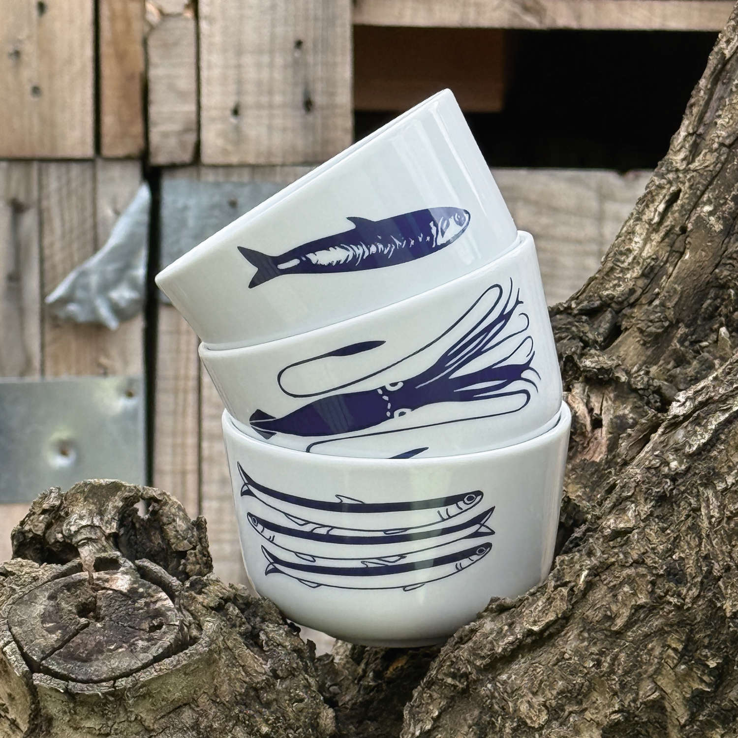 les petits bols antxoak, une serie de 5 bols bleus avec le spoissons basques, une collection exclusive d'assiette et compagnie design beatrice lassus pene